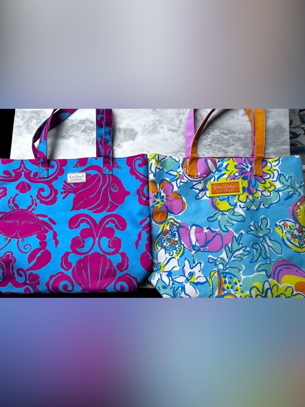 Set of 2 Lilly Pulitzer Blue & Magenta Floral and Shell Print Tote
